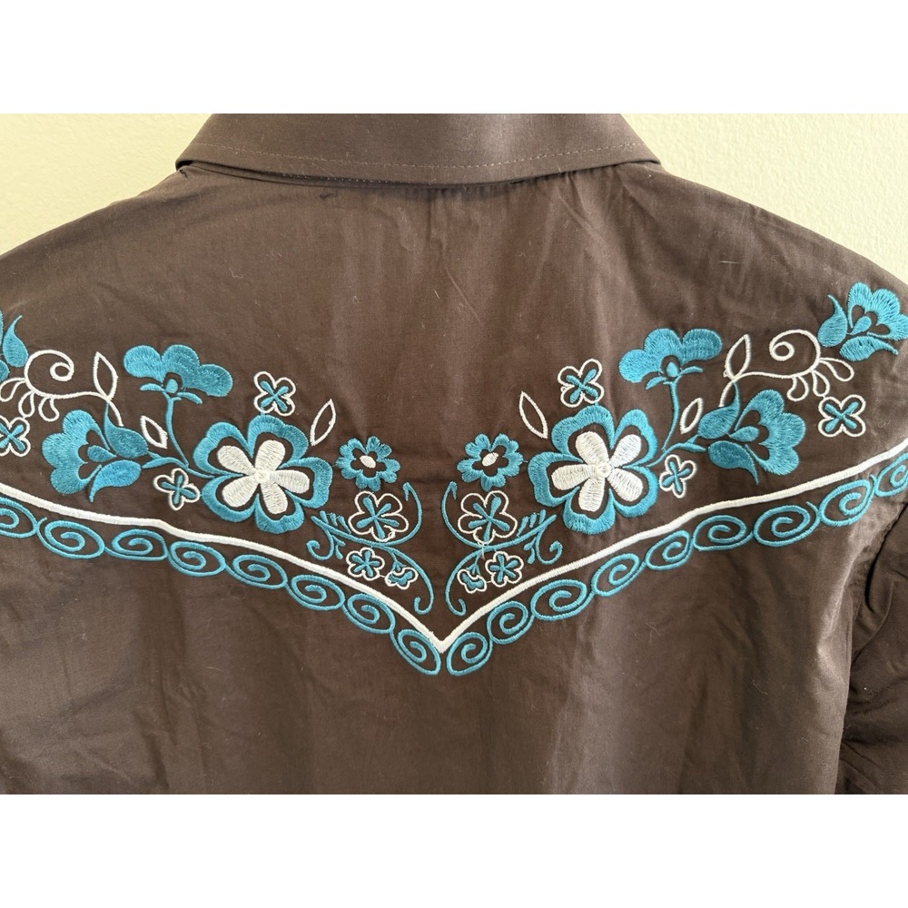 Salvage Oeste Cowboy Western Shirt Floral Embroidery Brown Size L - Picture 8 of 8
